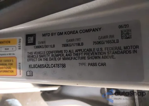 2020 Chevrolet Spark Fwd Ls Manual z USA, uszkodzony, nr VIN KL8CA6SA2LC478788